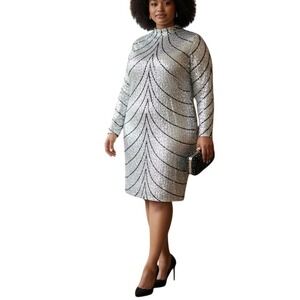 NWT Premier Amour Sequin‎ Black Lined Geometric Long Sleeve Mock Neck Dress 24W